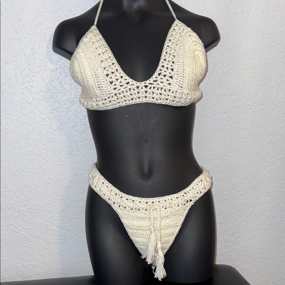 Cream Crochet Bikini Set with Halter Top and Intricate Detailing